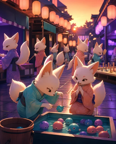 Small fox spirits copying the visitors' festival games after closing, during late afternoon as lanterns begin to glow. Lively street-wide ensemble with one clear foreground interac