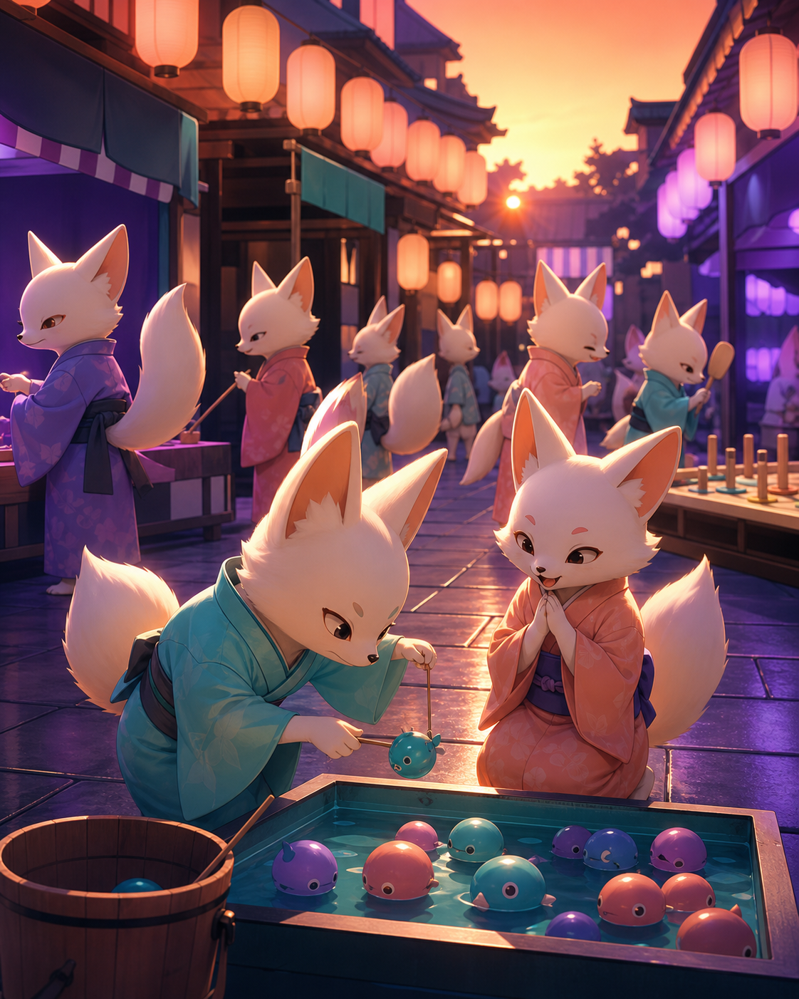 Small fox spirits copying the visitors' festival games after closing, during late afternoon as lanterns begin to glow. Lively street-wide ensemble with one clear foreground interaction. Apricot, orchid purple, pool turqu