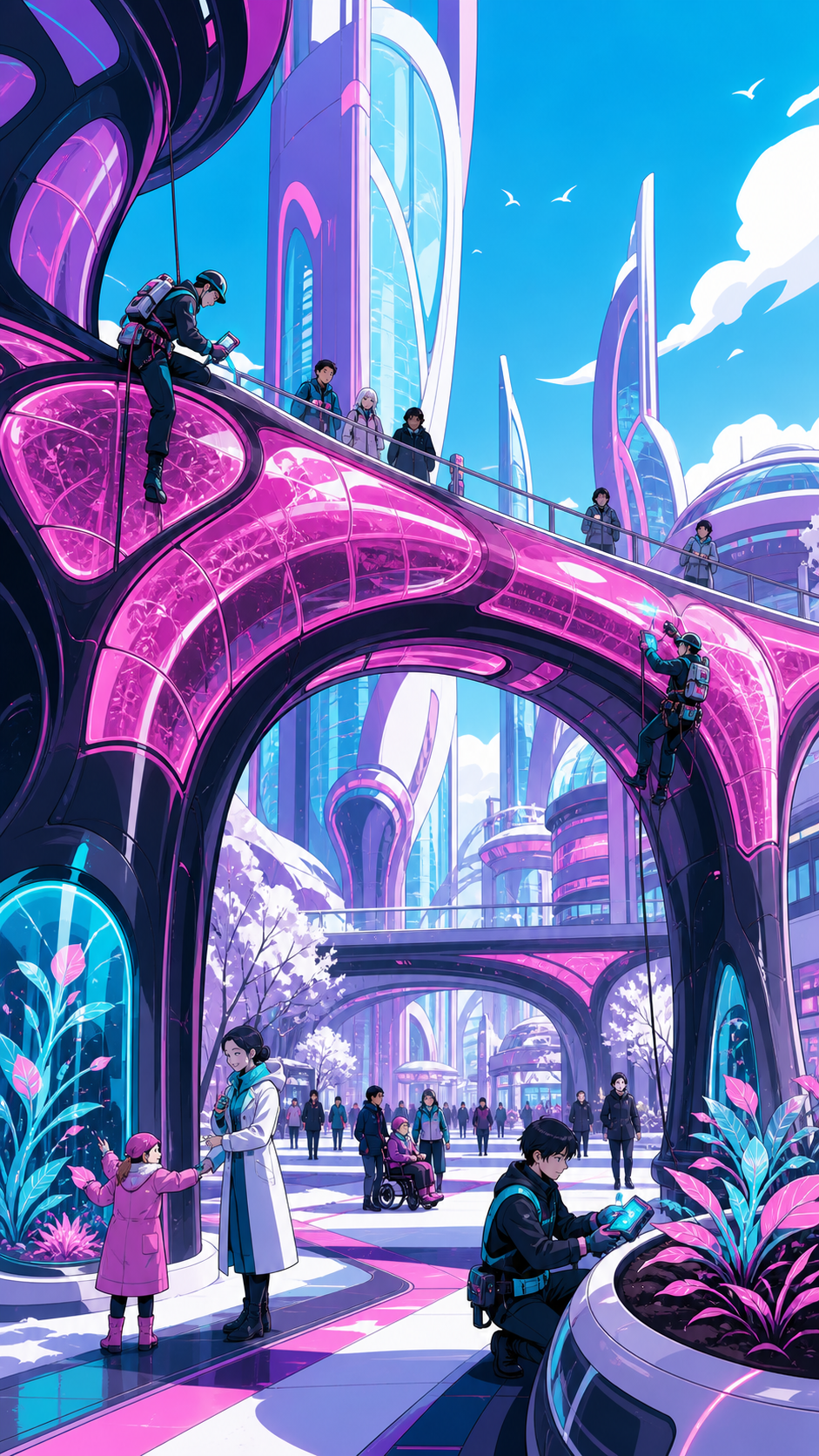 Technicians caring for a bridge whose living structure heals overnight, during normal public life with biological technology clearly serving people. Grand civic avenue view with biological towers framing daily activity. 