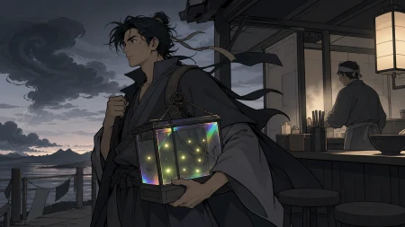 An adult male courier carrying a glass case of captive fireflies, waiting at the last open noodle stand before a supernatural storm. Intimate three-quarter view with strong foregro