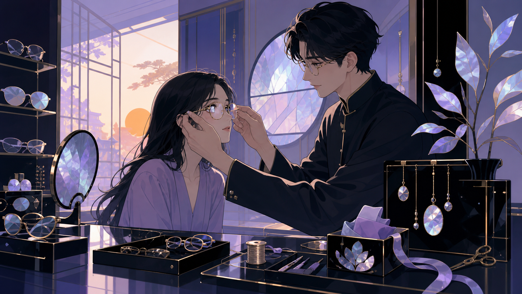 An adult optician fitting spectacles that reveal overlooked kindness, at opening time as unusual merchandise is arranged for the day. Counter-level composition with merchandise framing both characters. Pale lavender, icy