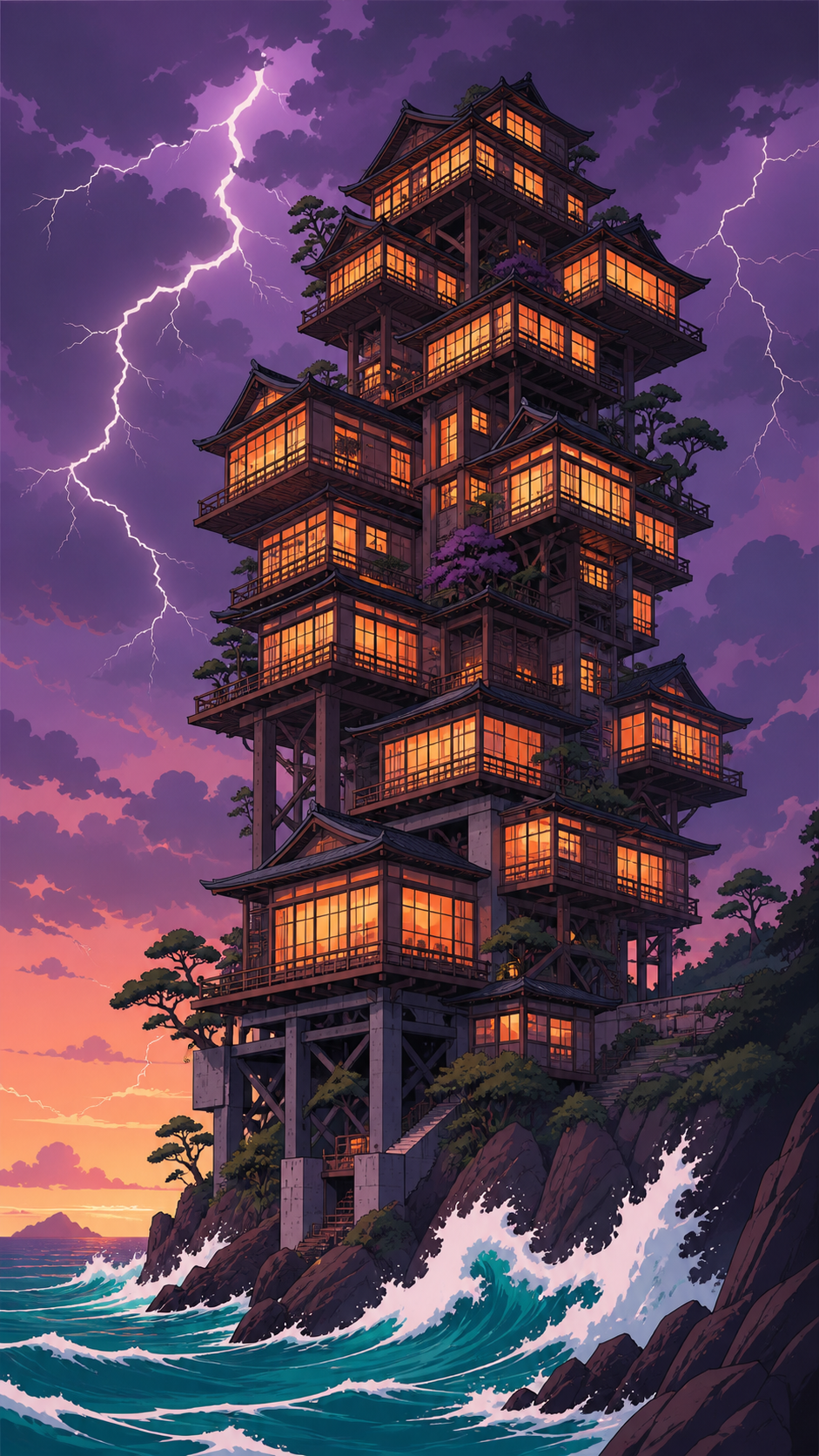A seaside apartment tower assembled from stacked traditional tea houses, during a storm that illuminates every interior room at once. Dramatic vertical composition emphasizing scale and impossible geometry. Apricot, orch