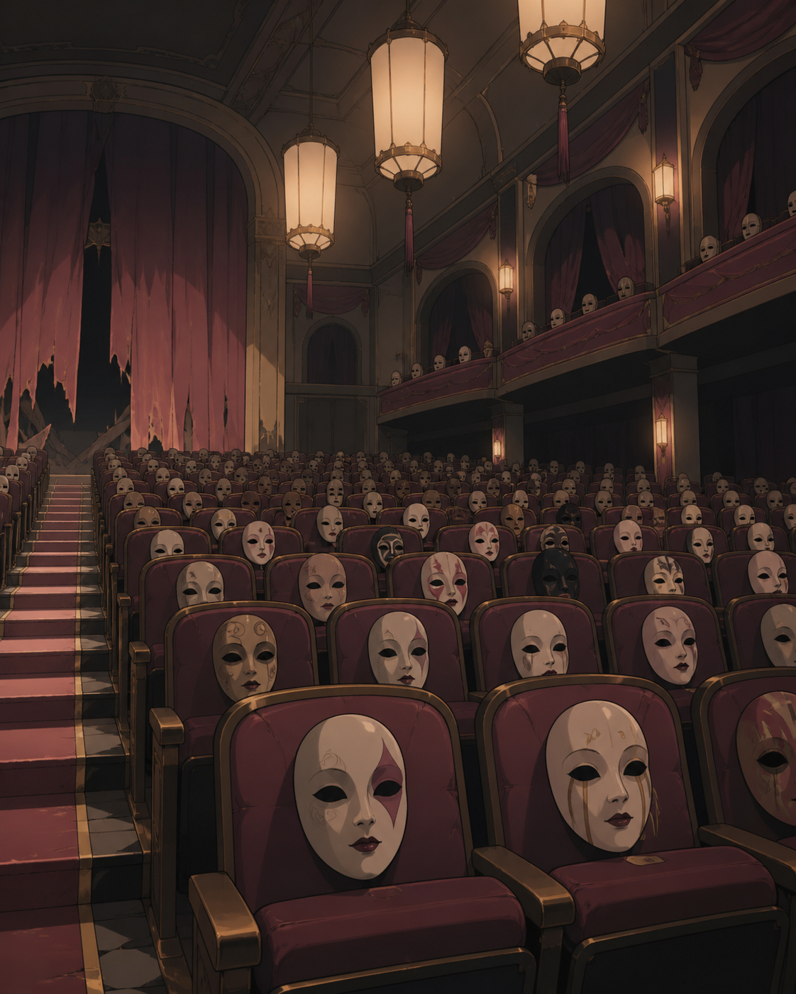 An abandoned theater where every empty seat holds a different porcelain mask, quiet and beautiful enough to invite curiosity despite the unease. Suspenseful deep-perspective composition with the threat implied rather tha