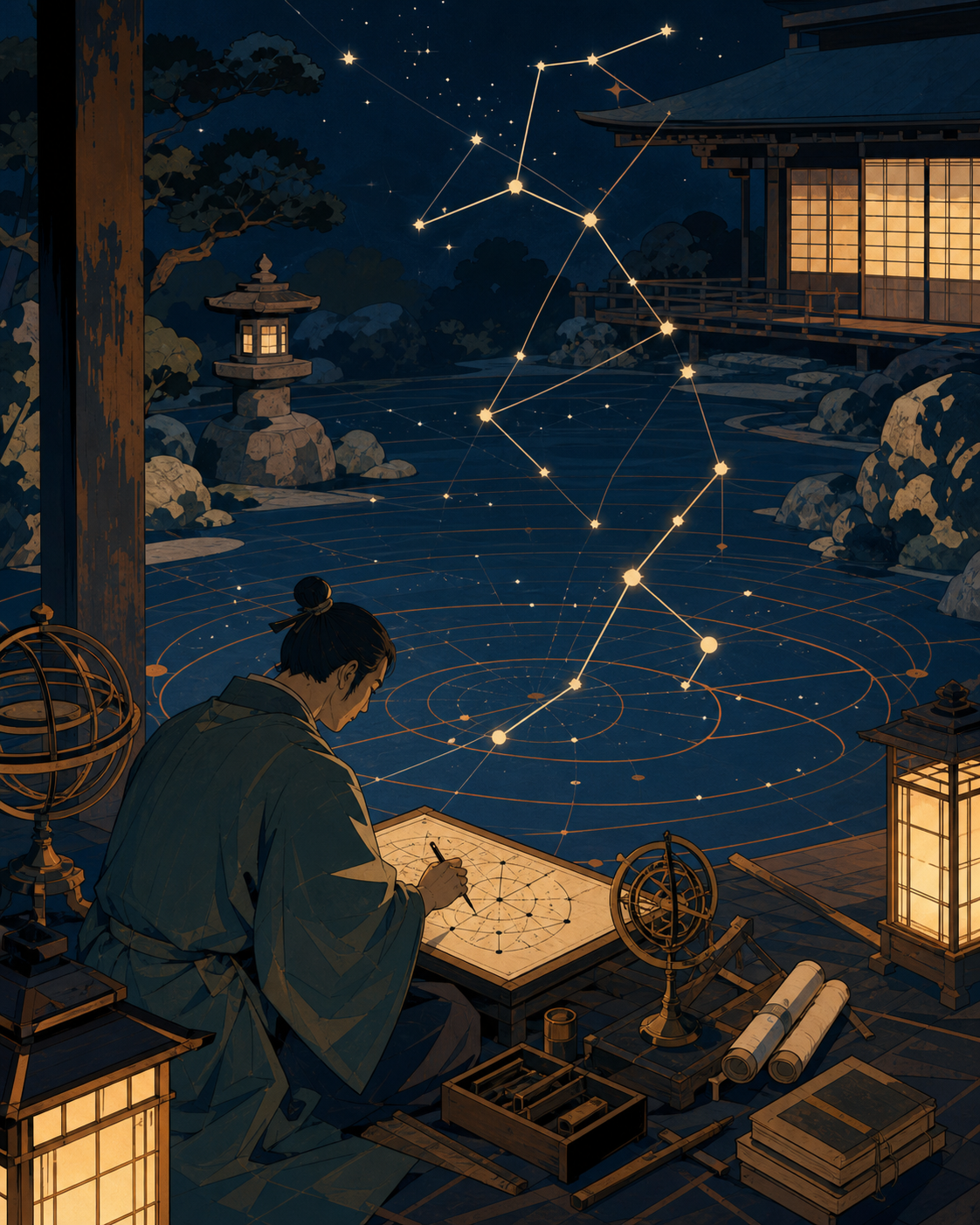 An Edo-period astronomer mapping a constellation that has descended into the garden, during ordinary work rather than a royal ceremony or battlefield. Painterly historical scene centered on work, place, and atmosphere. M