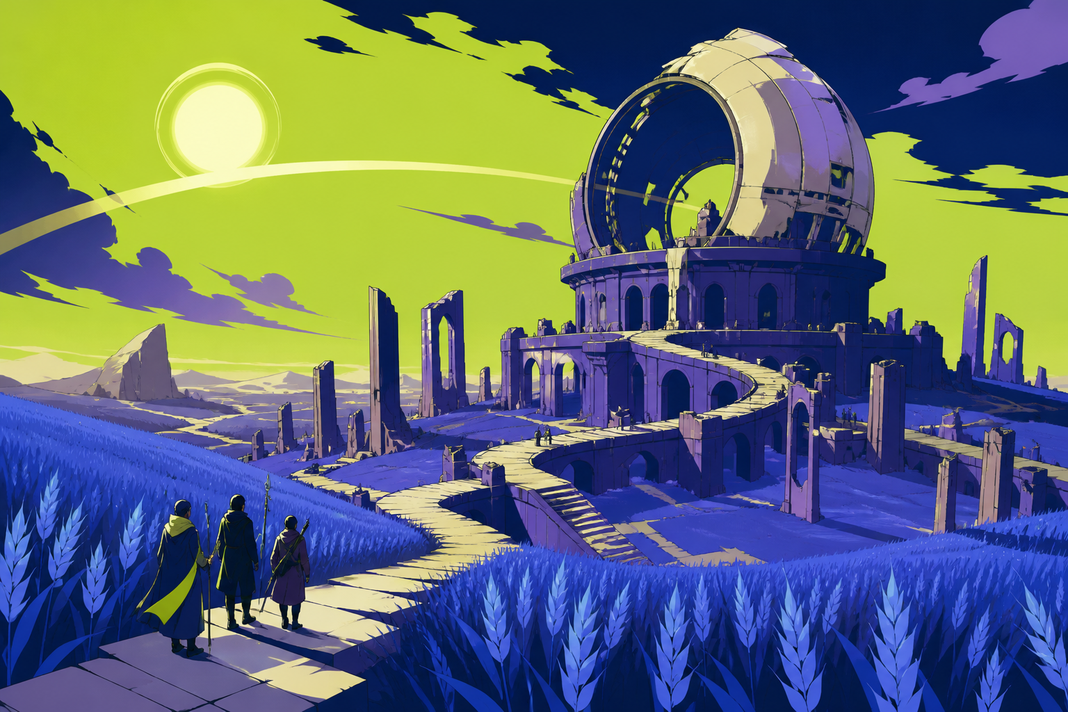 A ruined observatory surrounded by fields of luminous blue wheat, with tiny travelers revealing the monumental scale. Epic establishing shot with a clear visual path into the world. Acid lime, ultraviolet, matte navy, an