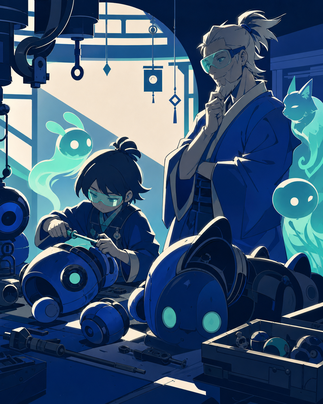 A quiet child repairing toys for neighborhood spirits, as an older mentor realizes the students solved the problem differently. Workbench-wide scene showing builders, invention, and result. Ultramarine, bioluminescent tu