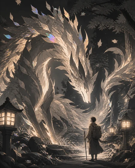 A fox-dragon made from autumn leaves and ember-like light, meeting a lone traveler without hostility for the first time. Majestic full-body creature composition with environmental 