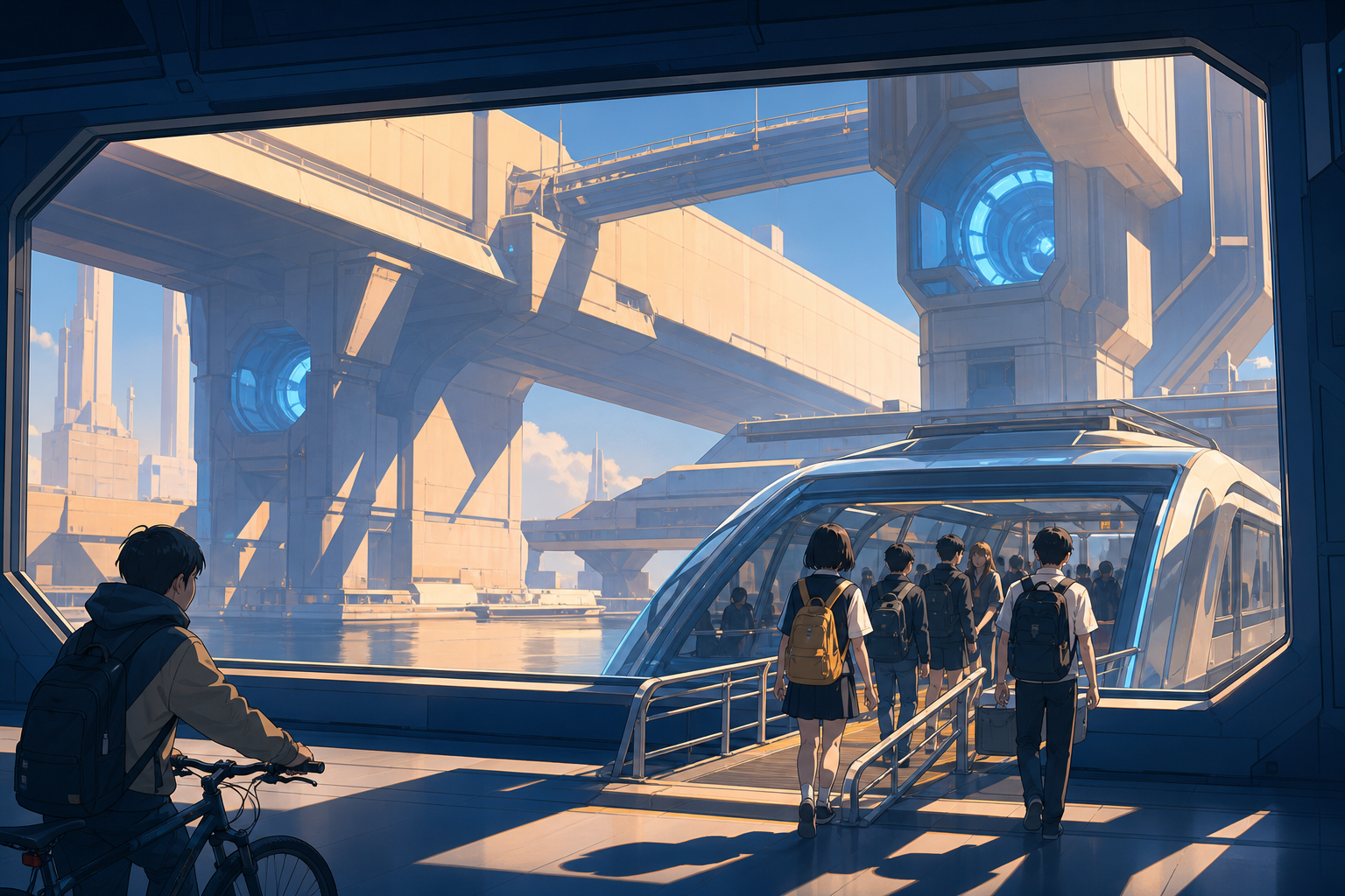 Teen commuters boarding a transparent ferry beneath glowing bridges, during an ordinary commute with one unexpected view. Interior view looking through a large window at passing architecture. Sun-bleached peach, desert o
