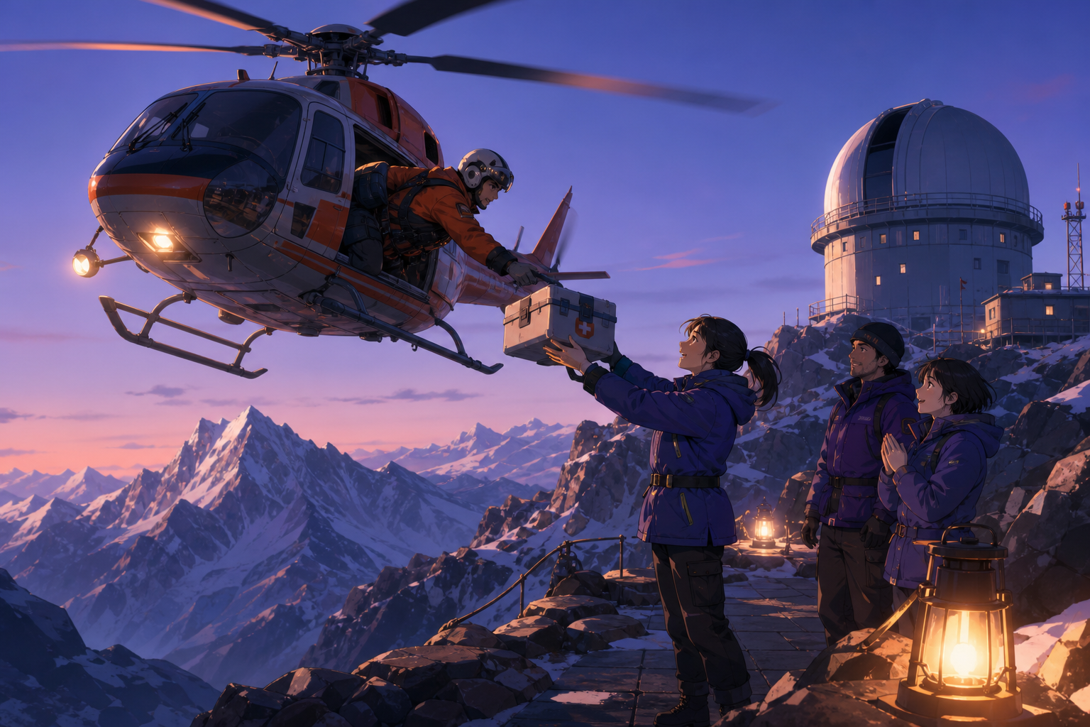 A mountain rescue pilot delivering medicine to an isolated observatory, focused on competence, cooperation, and the first sign of relief. Wide operational scene with a clear route from danger toward safety. Pale lavender