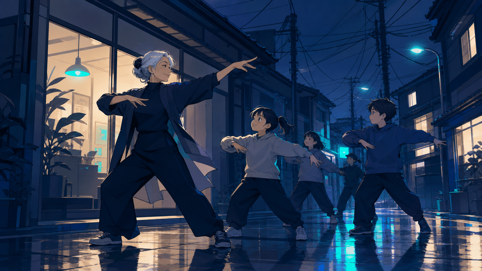 A stylish grandmother leading a neighborhood dance practice, on a rainy evening defined by clean reflections and warm shop windows. Intimate corner view where one human interaction anchors the city. Ultramarine, biolumin