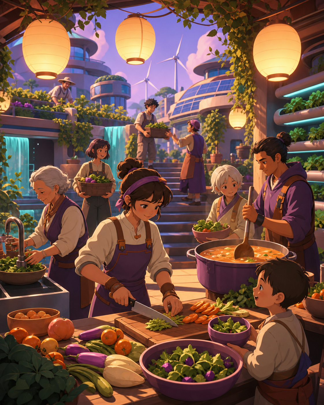 A community kitchen preparing a meal from rooftop gardens, at the completion of a small project that visibly improves daily life. Wide courtyard ensemble organized around one shared activity. Apricot, orchid purple, pool