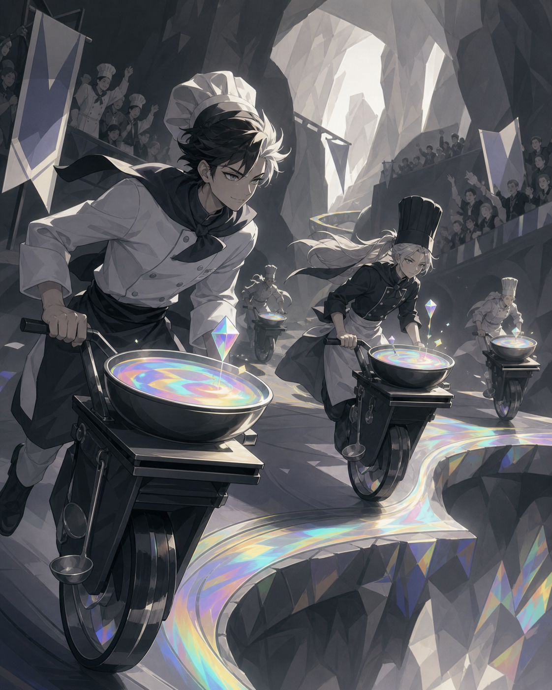 Rival chefs delivering enchanted soup by one-wheeled kitchen carts, as an unexpected shortcut rewards cleverness over speed. Dramatic front three-quarter frame with several competitors behind. Monochrome graphite with se