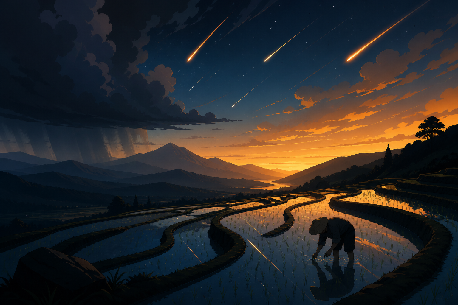 Terraced rice fields reflecting a meteor shower during planting season, at the transition between two kinds of weather. Tranquil landscape panorama with a strong foreground-to-distance rhythm. Amber, walnut brown, rain b