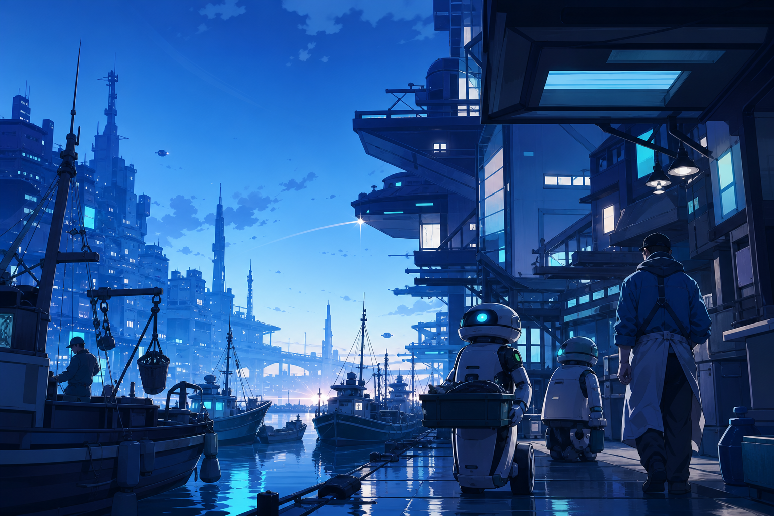 A neon harbor where fishing boats coexist with gentle service robots, during the blue hour as thousands of windows begin to glow. Street-level cinematic view looking upward through layered architecture. Ultramarine, biol