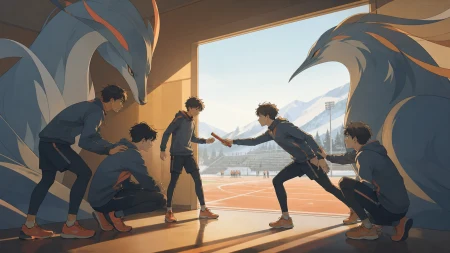 A school relay team coordinating the final baton pass, as teammates encourage the least experienced participant. Reaction-focused ensemble with the competition visible beyond. Ambe