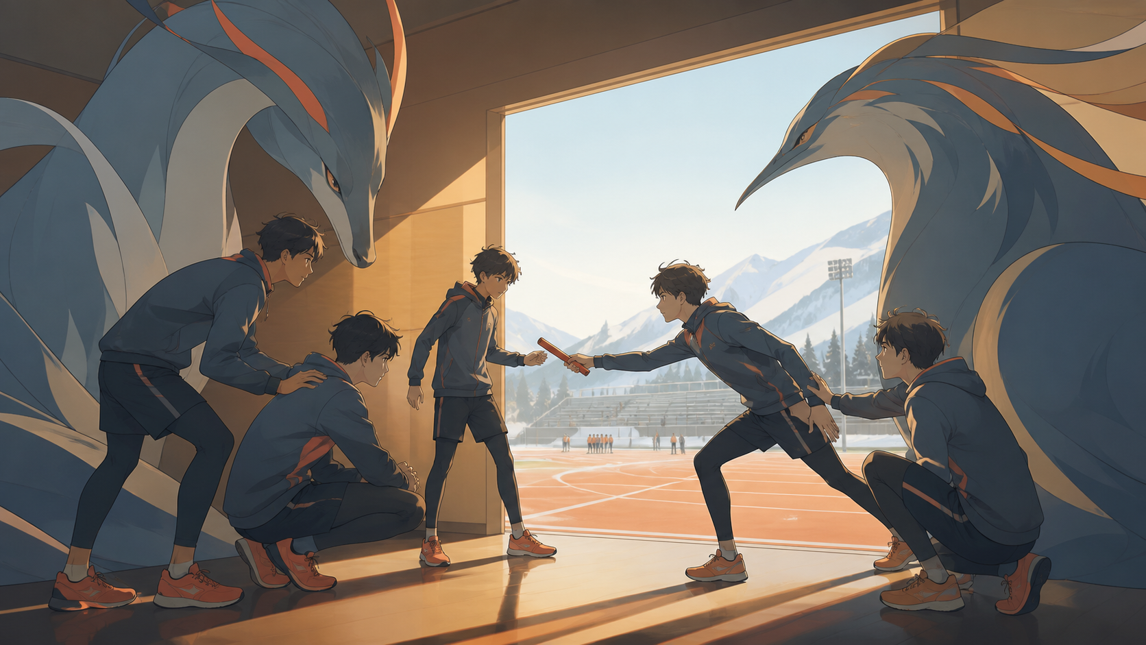 A school relay team coordinating the final baton pass, as teammates encourage the least experienced participant. Reaction-focused ensemble with the competition visible beyond. Amber, walnut brown, rain blue, and tiny cor