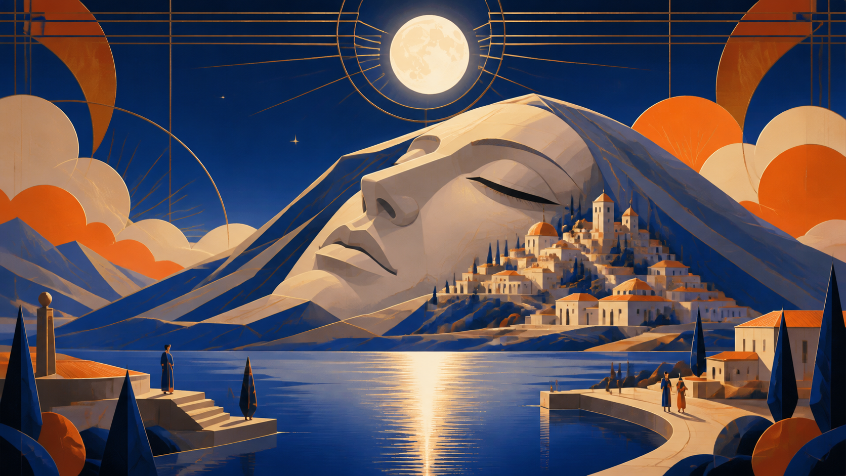 A mountain shaped like a sleeping face with a village beside one closed eye, shown through ordinary life continuing around the impossible landmark. Extreme wide view organized around one unforgettable silhouette. Cobalt,