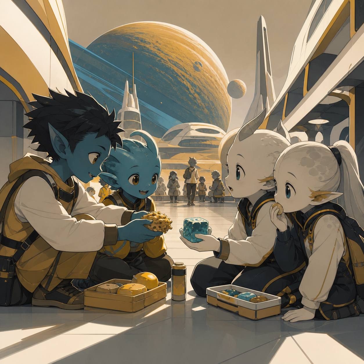 Children from different planets trading lunch snacks at school, as cultural differences create gentle visual comedy. Intimate two-group exchange with the unusual environment visible beyond. Saffron, peacock blue, dark um