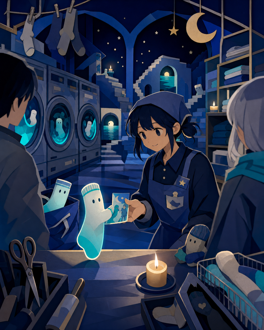 An all-night laundromat where misplaced socks return carrying forgotten memories, handled with the calm routine of an ordinary workday. Counter-level composition framed by tools and waiting customers. Ultramarine, biolum