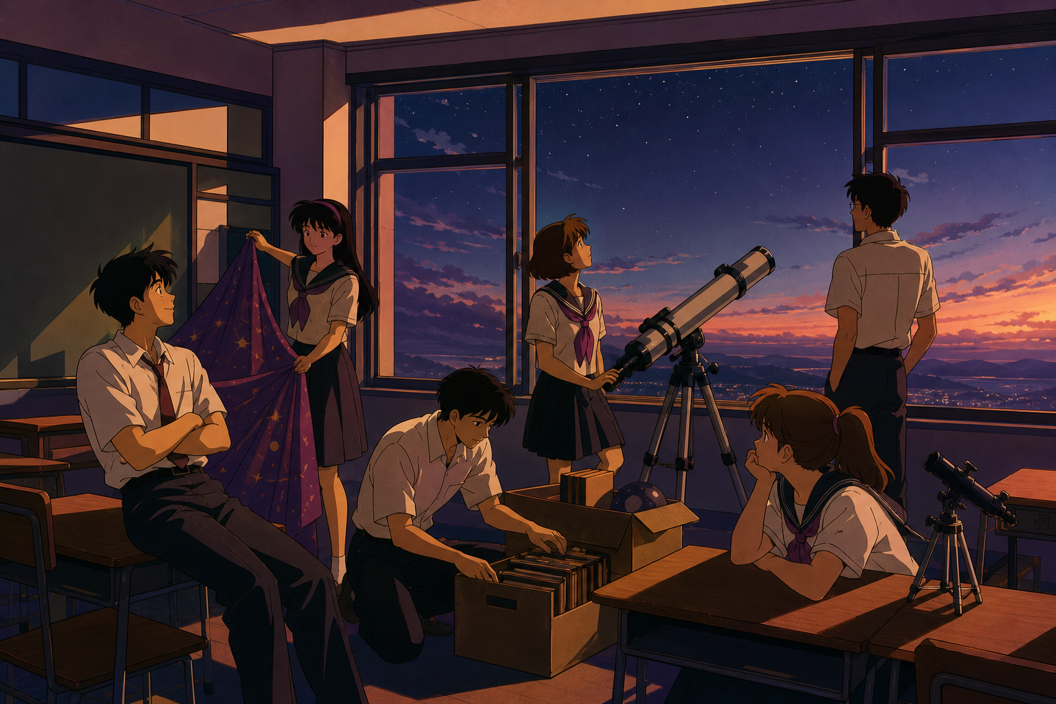 Teenagers turning an unused classroom into a tiny astronomy club, during a sudden summer shower that changes everyone's plans. Sunlit classroom composition with desks creating calm geometric rhythm. Muted rose, parchment