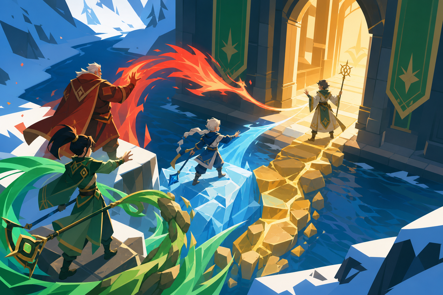 A family of elemental guardians combining powers across a river crossing, at the moment separate actions connect into one clear plan. Elevated tactical view with clear paths and coordinated movement. Emerald, stained-gla