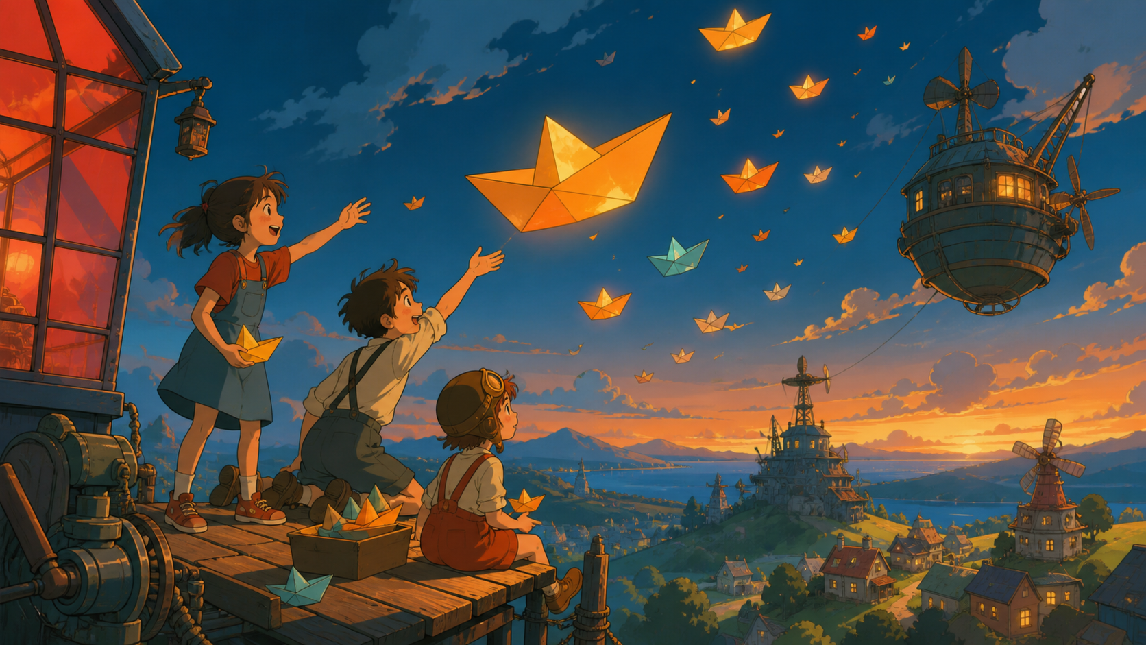 Children launching paper boats that sail upward into the evening sky, at the instant make-believe and reality overlap without danger. Wide storybook composition connecting play space and imagined world. Petrol blue, oxid