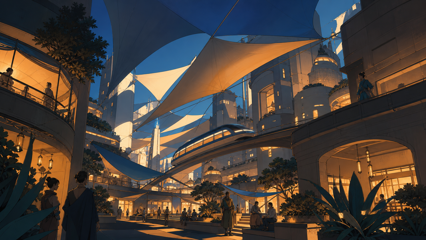 A solar-powered desert city shaded by kilometer-wide silk canopies, during the blue hour as thousands of windows begin to glow. Street-level cinematic view looking upward through layered architecture. Saffron, peacock bl