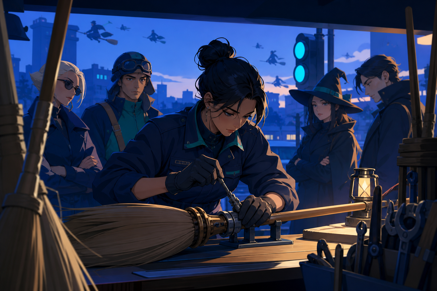 A roadside mechanic servicing broomsticks during the evening rush, during a minor complication solved through practical skill rather than spectacle. Counter-level composition framed by tools and waiting customers. Ultram