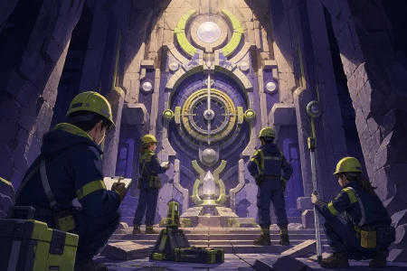 A mountain excavation revealing a ceremonial machine still keeping time, with the team quietly comparing evidence around one central discovery. Vertical chamber composition with pe