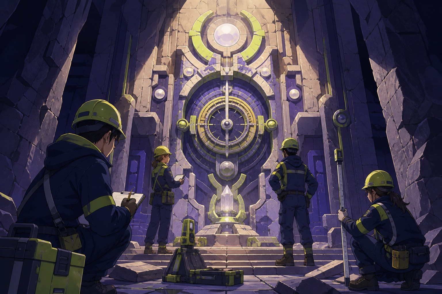 A mountain excavation revealing a ceremonial machine still keeping time, with the team quietly comparing evidence around one central discovery. Vertical chamber composition with people placed clearly for scale. Acid lime