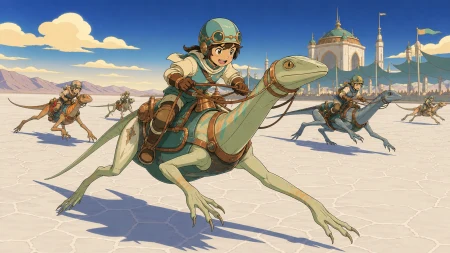 Young riders racing friendly long-legged lizards across a salt flat, at a joyful regional tournament rather than a dangerous battle. Dramatic front three-quarter frame with several