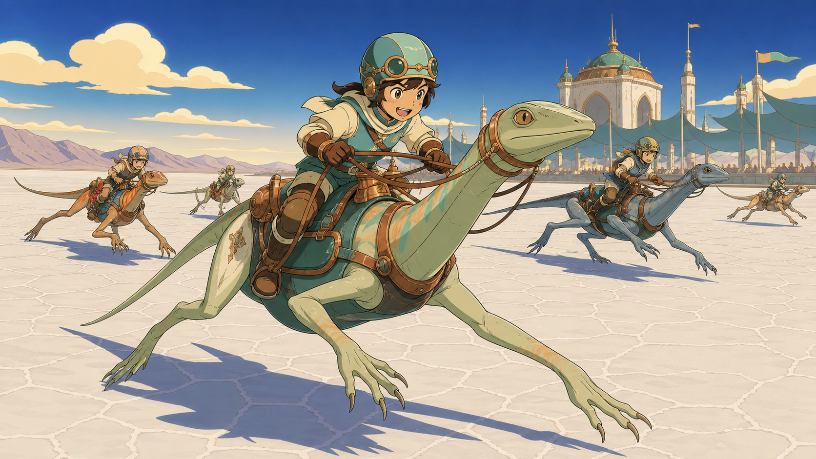 Young riders racing friendly long-legged lizards across a salt flat, at a joyful regional tournament rather than a dangerous battle. Dramatic front three-quarter frame with several competitors behind. Moonlit indigo, oxi