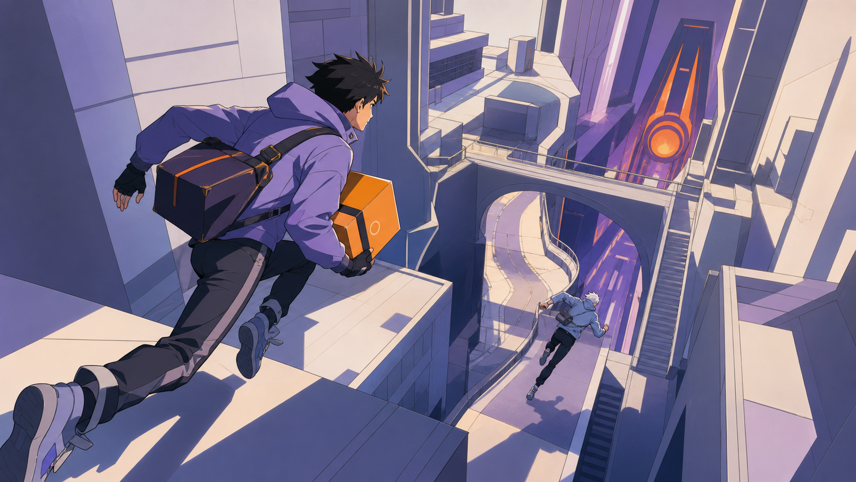 Two couriers competing to deliver the same mysterious package first, as the chase crosses from an ordinary neighborhood into hidden architecture. High-angle route view following movement through intersecting streets. Pal