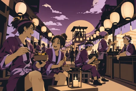 Food-stall workers sharing a quick meal before the busiest hour, during late afternoon as lanterns begin to glow. Lively street-wide ensemble with one clear foreground interaction.