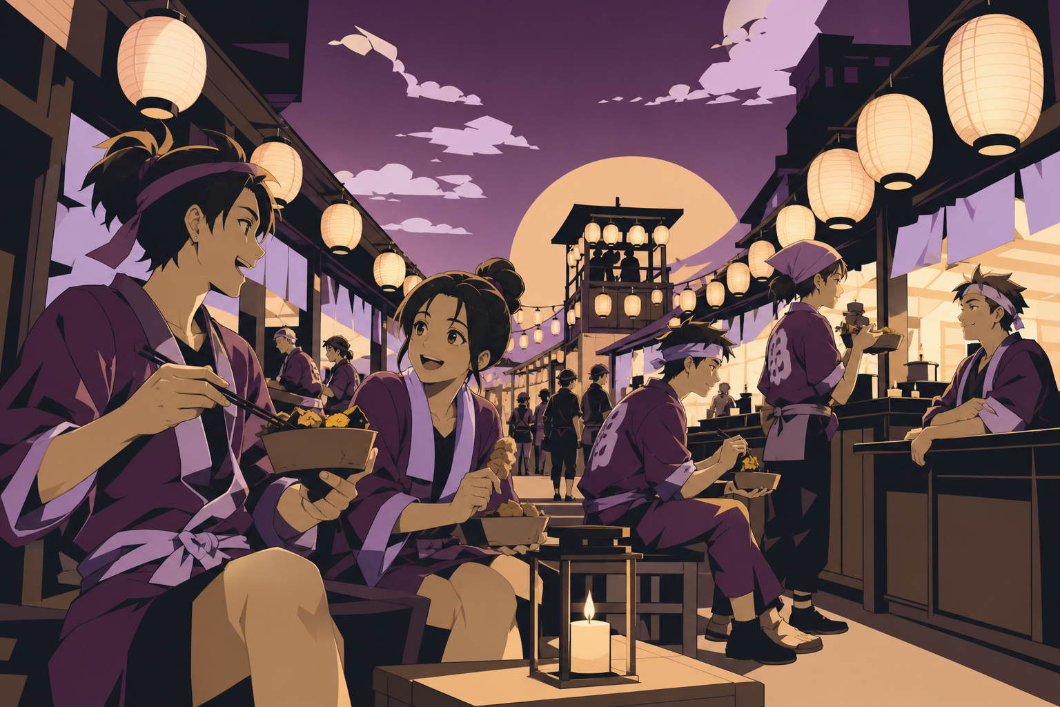 Food-stall workers sharing a quick meal before the busiest hour, during late afternoon as lanterns begin to glow. Lively street-wide ensemble with one clear foreground interaction. Mulberry, tea brown, tarnished silver, 