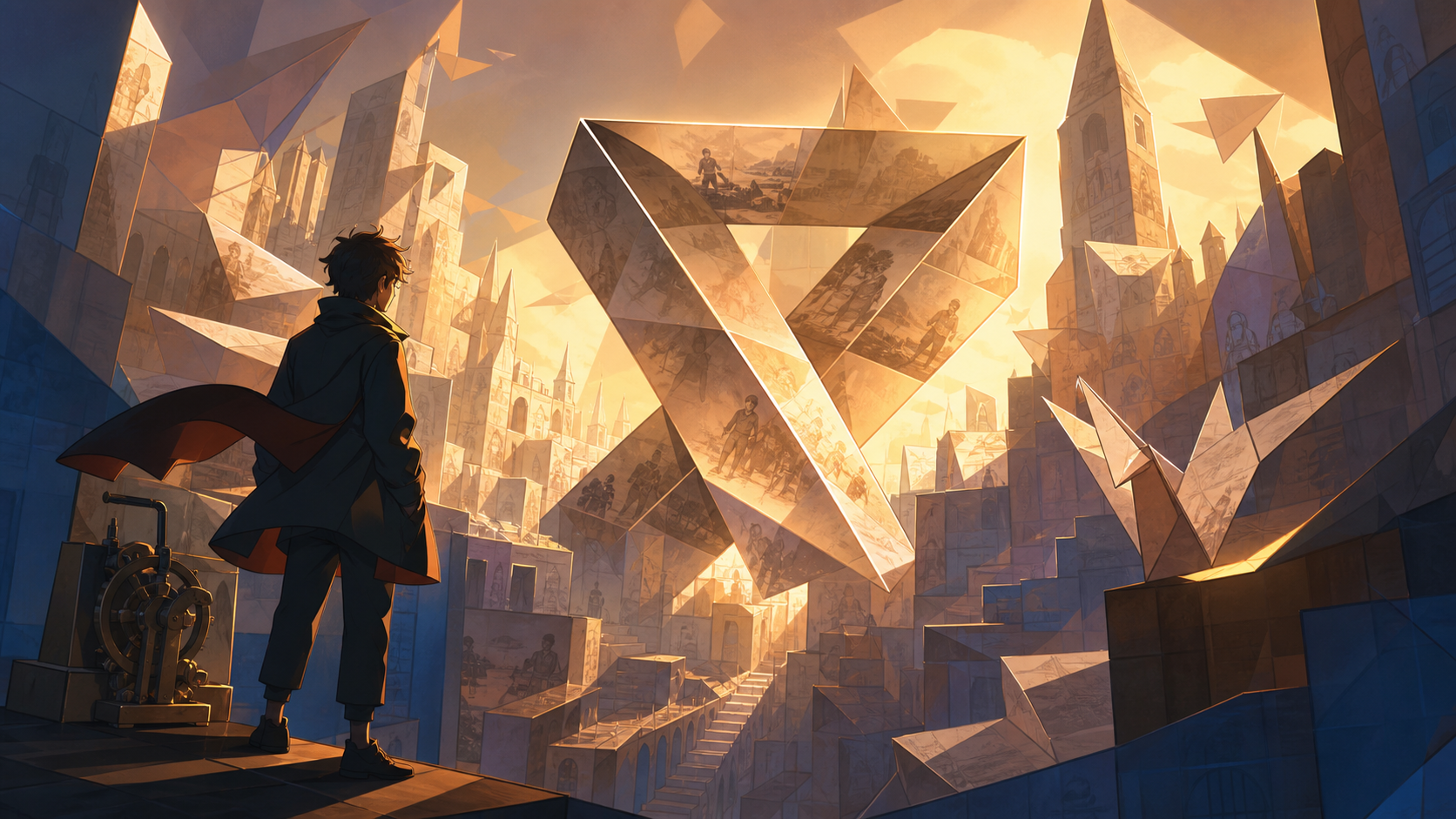 A city assembled entirely from folded memories represented as translucent paper, using one impossible transformation as the central visual rule. Carefully staged surreal tableau with a single unmistakable focal point. Am