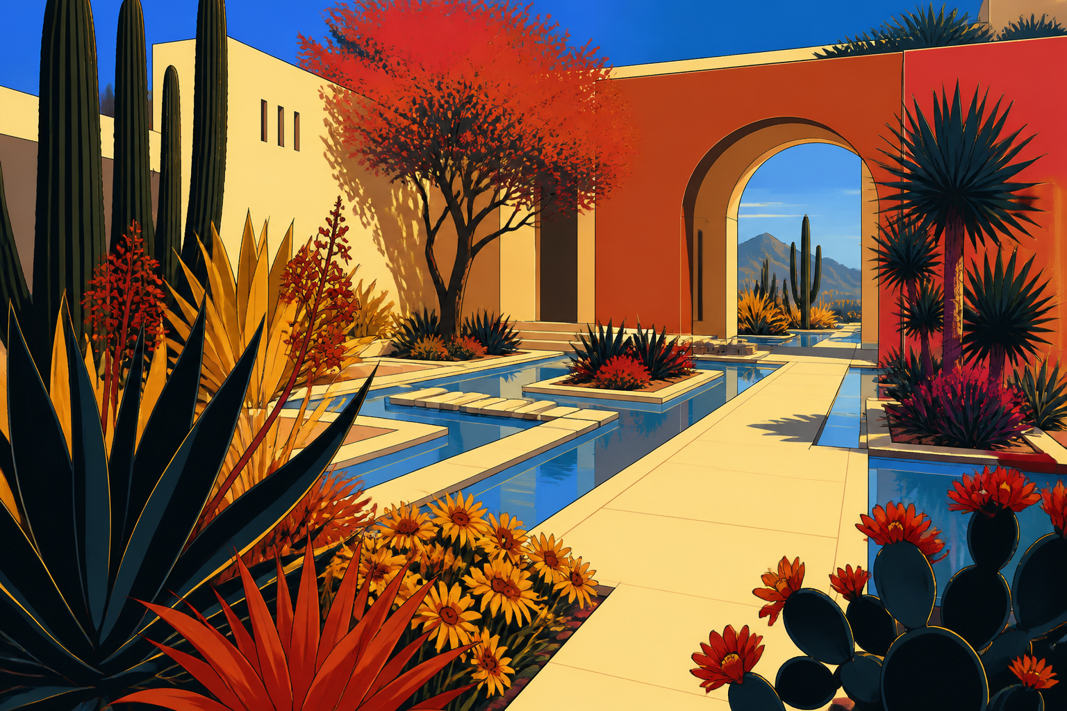 A desert garden blooming around geometric water channels, at peak seasonal color represented through broad clean masses. Wide designed-landscape view with a clear path through several garden rooms. Pine black, snow blue,