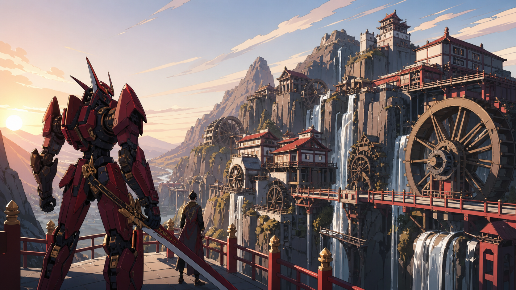 A mountain village built around waterwheels of many sizes, in clear daylight with the route and destination both visible. Elevated route composition connecting several altitude levels. Crimson, black cherry, muted bronze