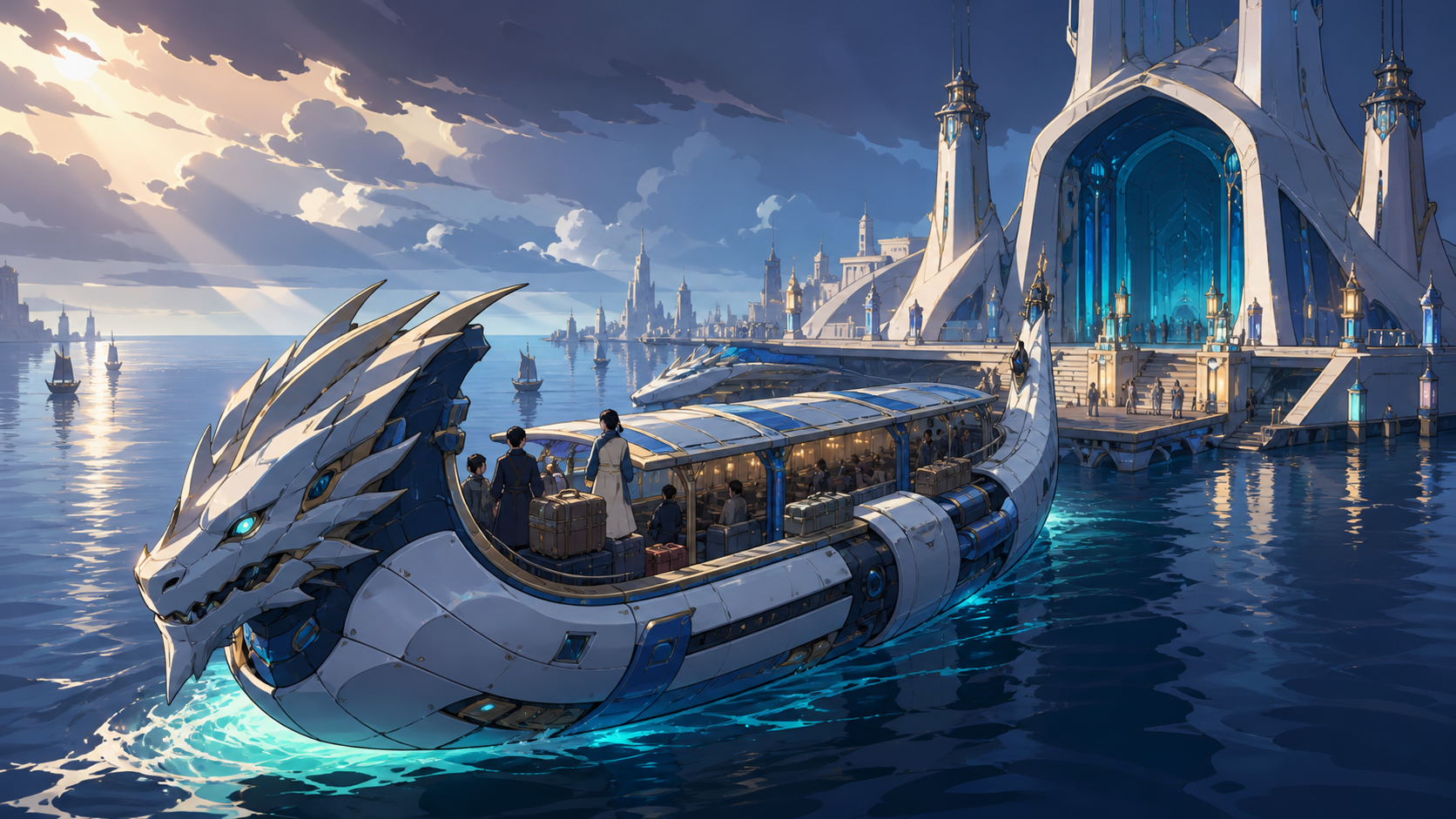 A dragon-shaped riverboat transporting travelers through a flooded kingdom, arriving at an extraordinary terminal during difficult weather. Grand three-quarter vehicle view embedded naturally in its route. Ultramarine, b