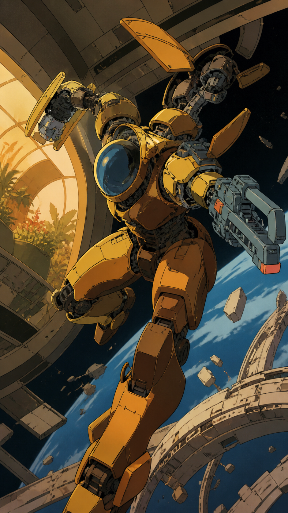 A deep-space maintenance suit unfolding into an asymmetrical combat machine, fighting in zero gravity among fragments of a ruined orbital garden. Wide cinematic action tableau frozen at the clearest dramatic instant. Amb