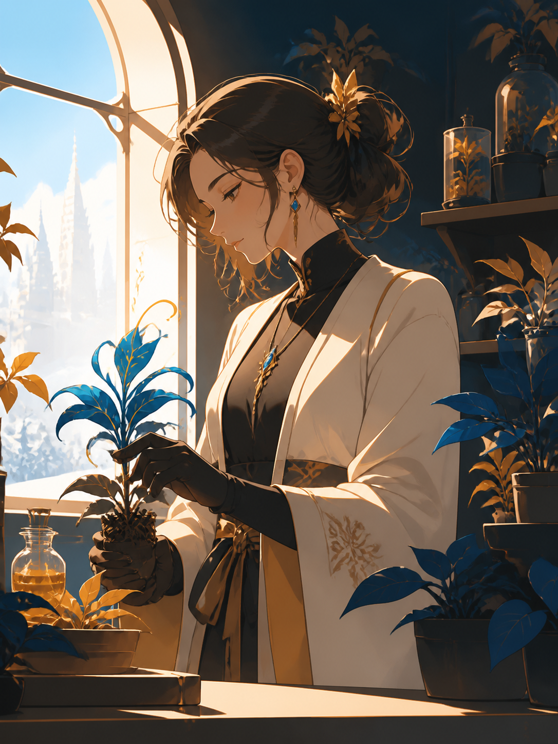 An adult woman florist who quietly cultivates supernatural plants, captured during one unguarded moment in their workplace. Intimate waist-up portrait with unusual negative space and environmental context. Saffron, peaco