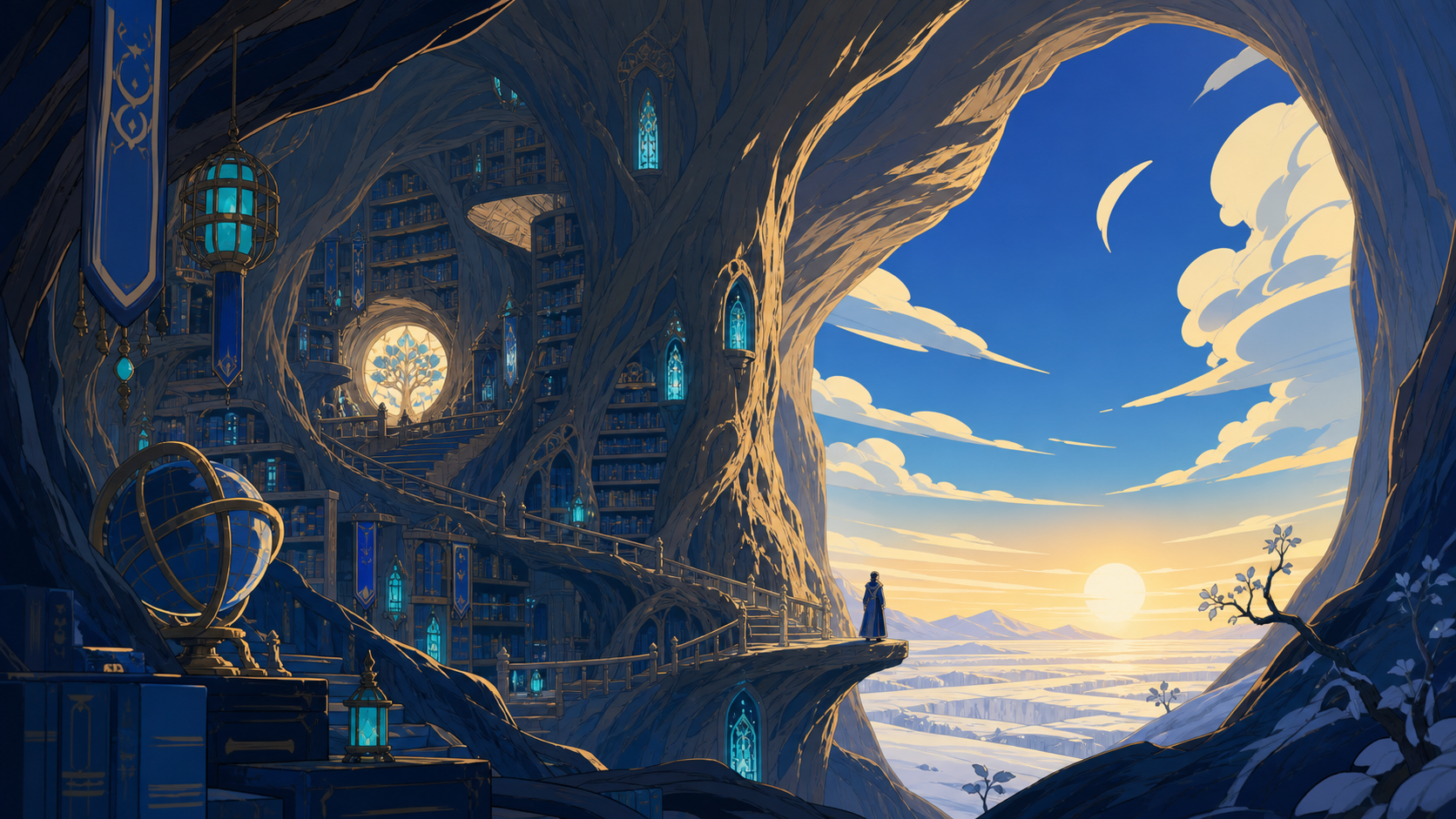 A vast library grown inside the hollow trunk of a world tree, seen during the first morning after a century-long winter. Wide landscape composition with dramatic foreground framing. Ultramarine, bioluminescent turquoise,