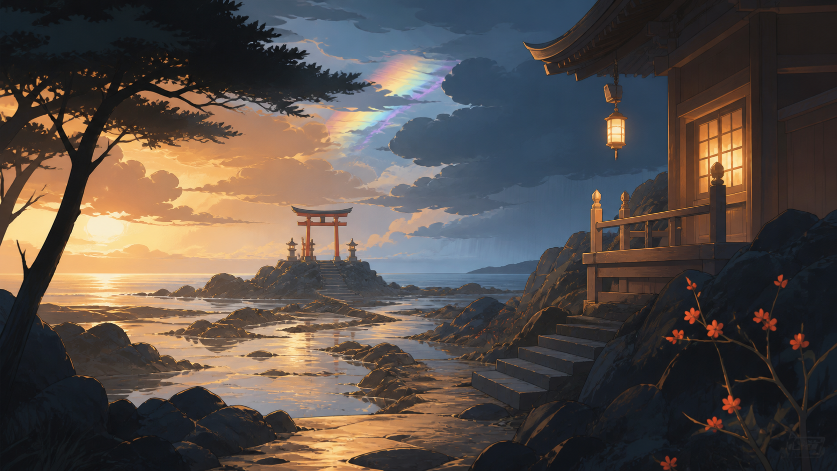 A coastal shrine path uncovered only during the lowest winter tide, at the transition between two kinds of weather. Vertical scenic composition following a path through several elevations. Amber, walnut brown, rain blue,