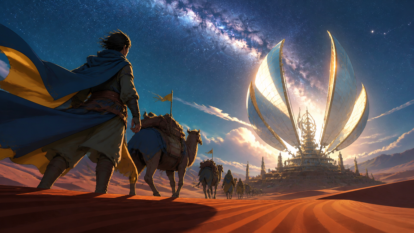 A nomadic observatory opening its mirrored sails beneath the Milky Way, during a difficult crossing made beautiful by unfamiliar weather. Low desert viewpoint using foreground wind patterns to lead toward the destination