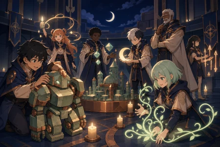 A class where each student's harmless magic appears differently, during a cooperative exam that rewards kindness and creativity. Gym or courtyard view organized around one supervis