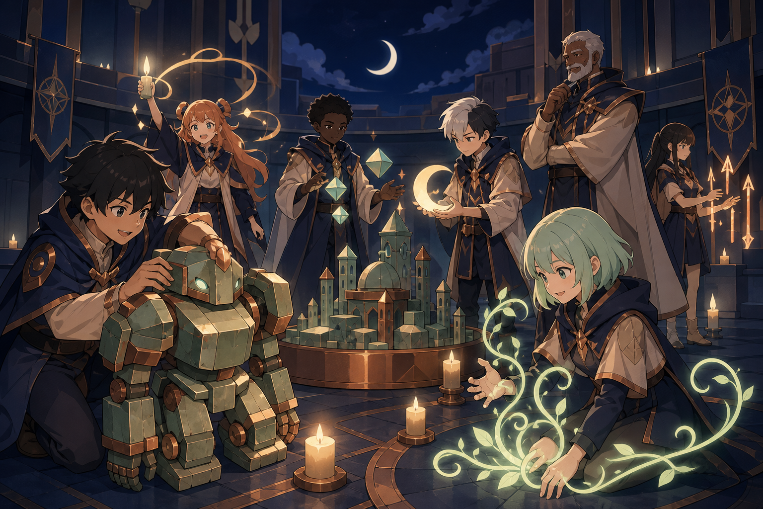 A class where each student's harmless magic appears differently, during a cooperative exam that rewards kindness and creativity. Gym or courtyard view organized around one supervised exercise. Moonlit indigo, oxidized co