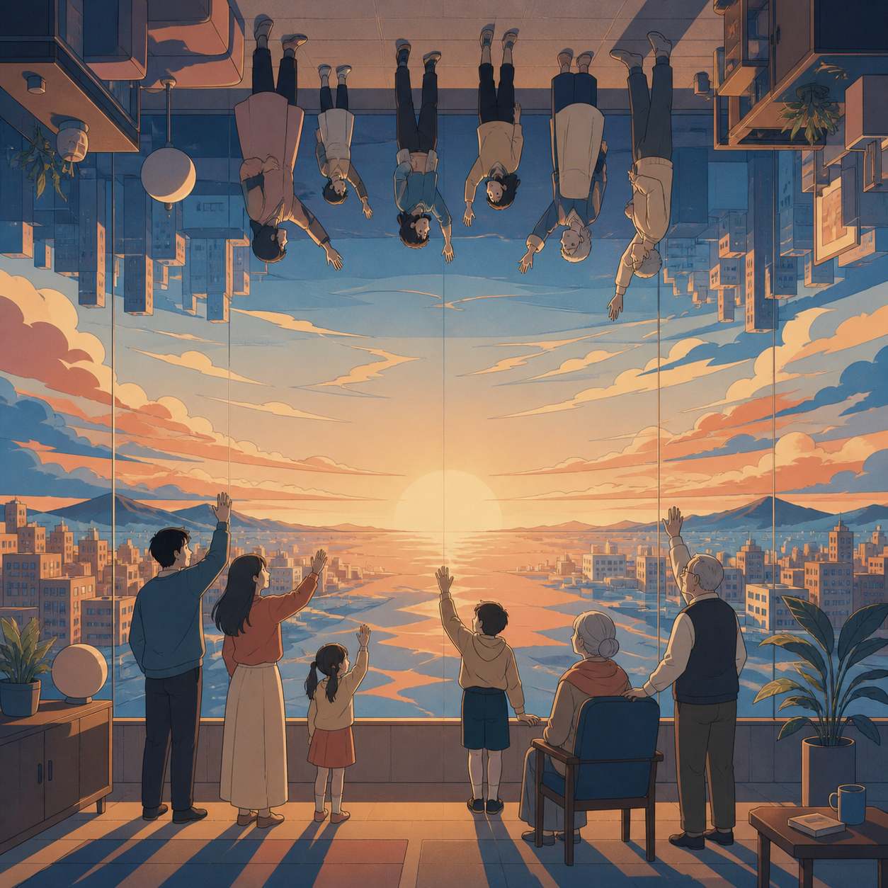 An apartment family greeting neighbors whose gravity runs upward, at sunrise illuminating both worlds from a shared horizon. Symmetrical wide frame with opposing worlds above and below. Sun-bleached peach, desert ochre, 