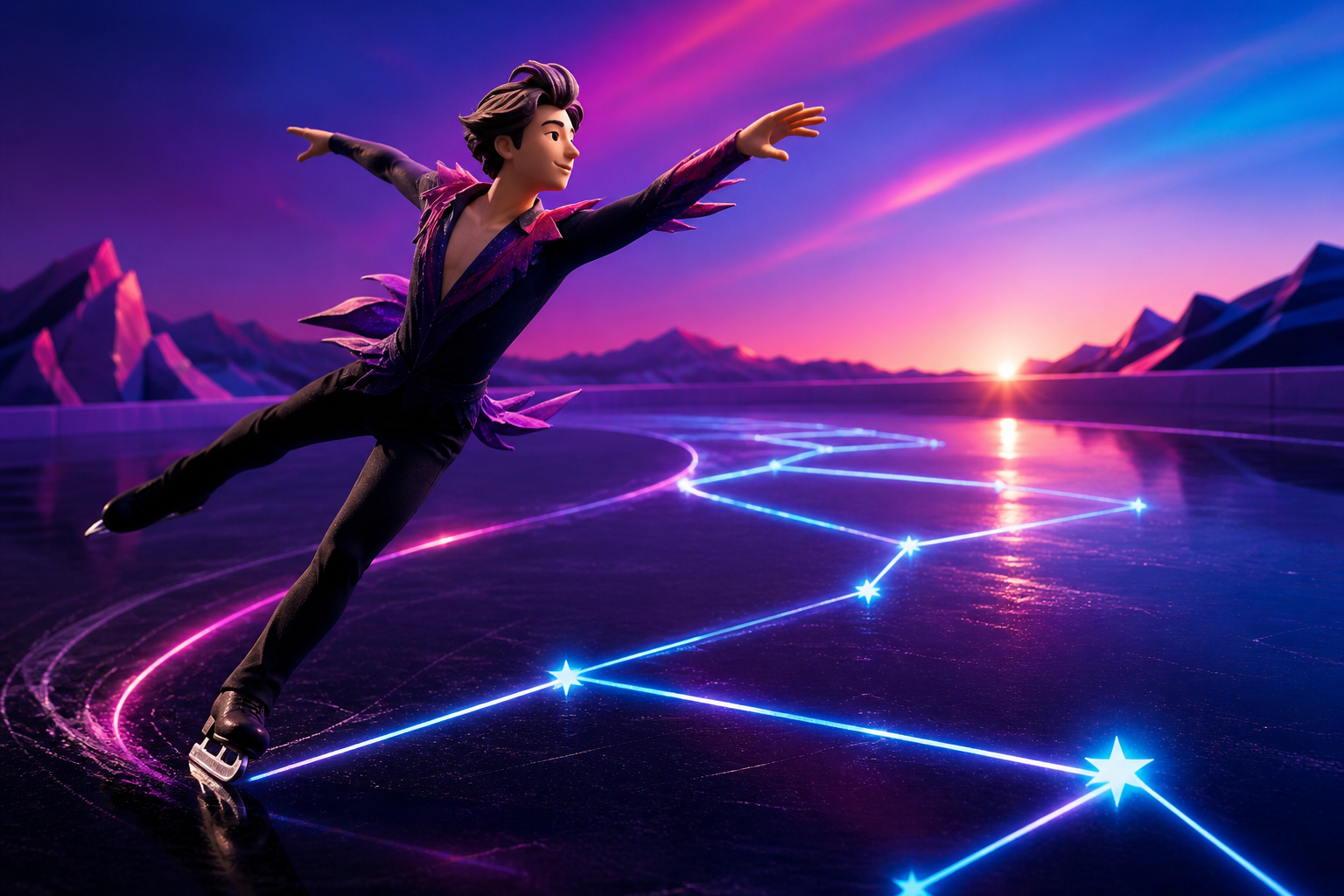 An adult figure skater tracing luminous constellations across black ice, frozen at the instant of greatest balance and momentum. Bold diagonal action composition with ample space ahead of the movement. Saturated magenta,
