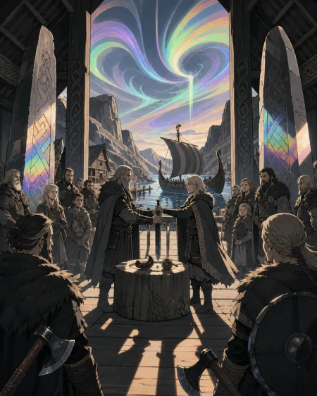 A longship entering a fjord settlement beneath an unfamiliar aurora, when a supernatural force tests an entire settlement. Interior great-hall tableau organized around a binding pu