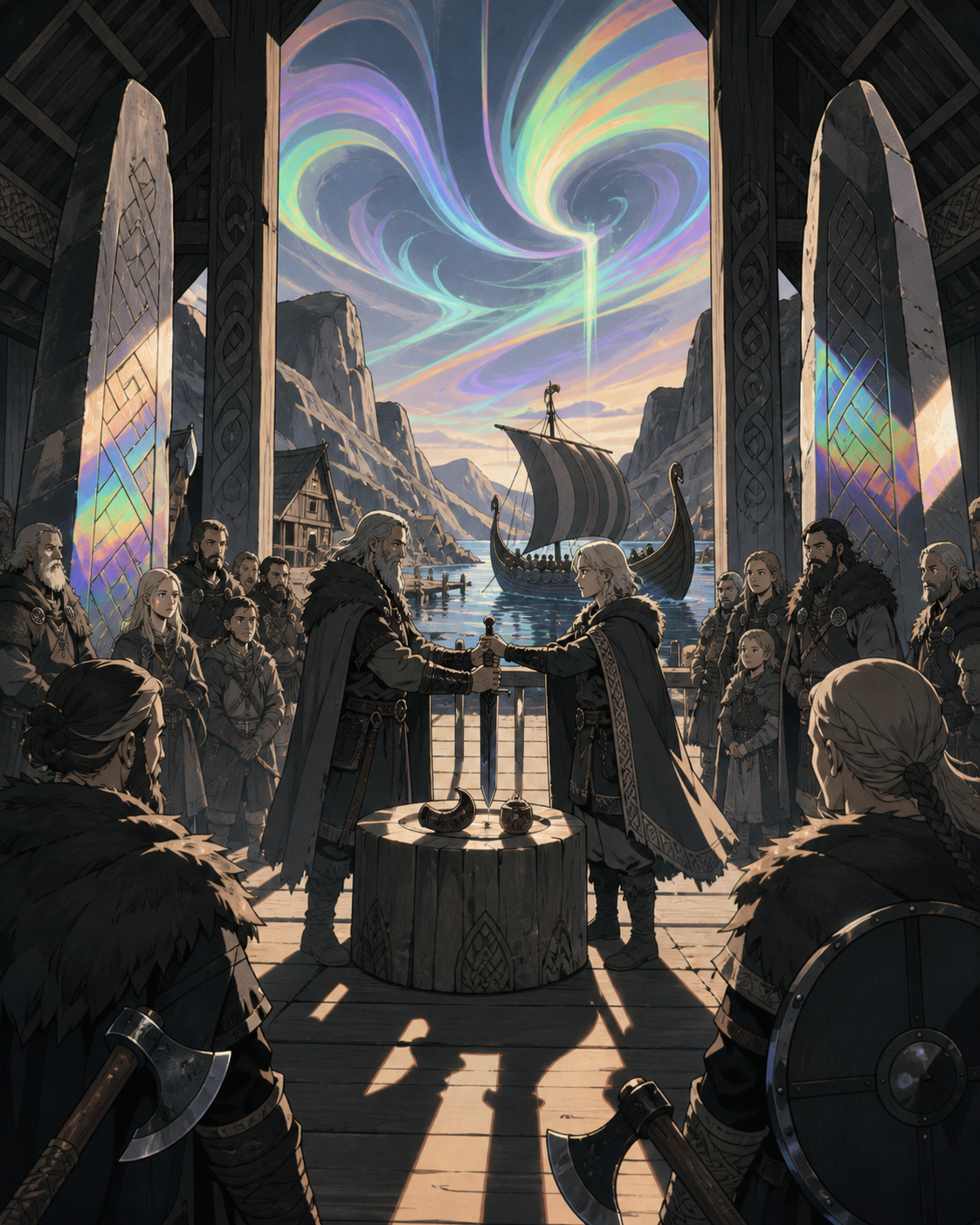 A longship entering a fjord settlement beneath an unfamiliar aurora, when a supernatural force tests an entire settlement. Interior great-hall tableau organized around a binding public oath. Monochrome graphite with sele